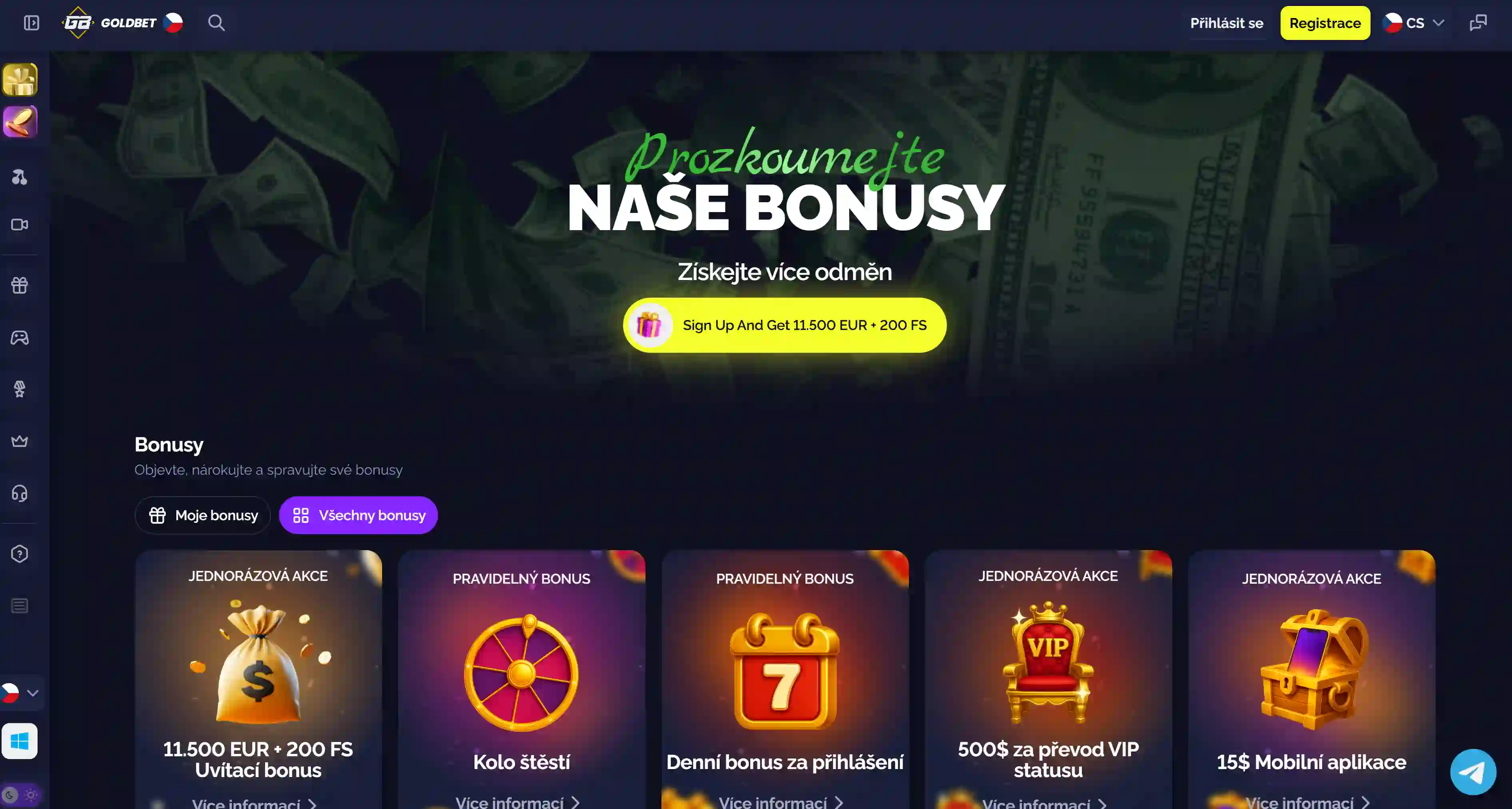 Bonusové centrum Goldbet Casino se seznamem aktivních nabídek