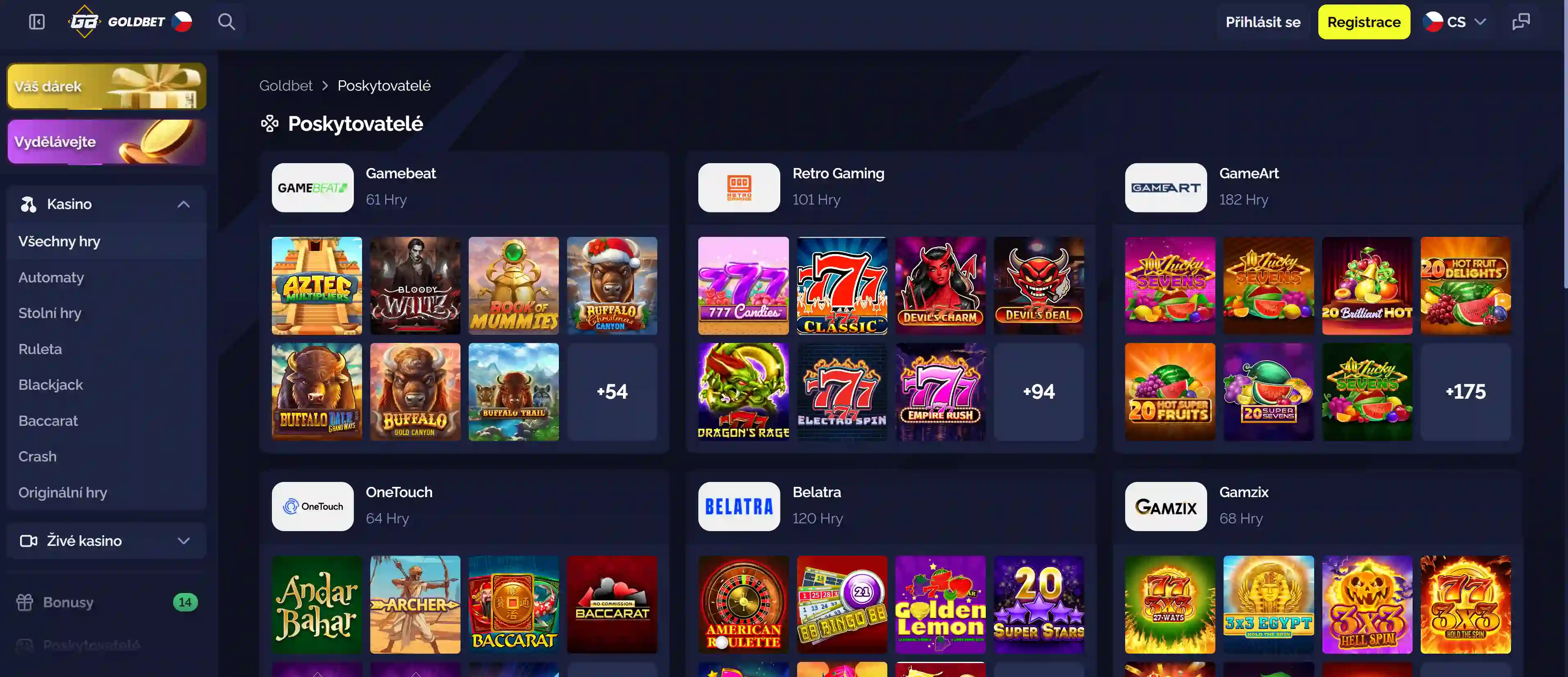 Přehled kategorií her a poskytovatelů v hlavním menu Goldbet Casino