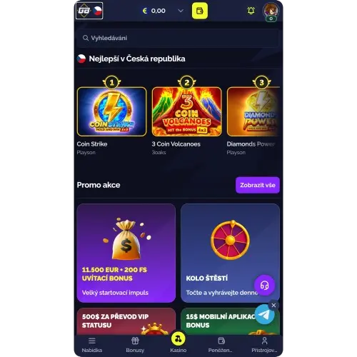 Rozhraní Goldbet Casino zobrazené na mobilním telefonu