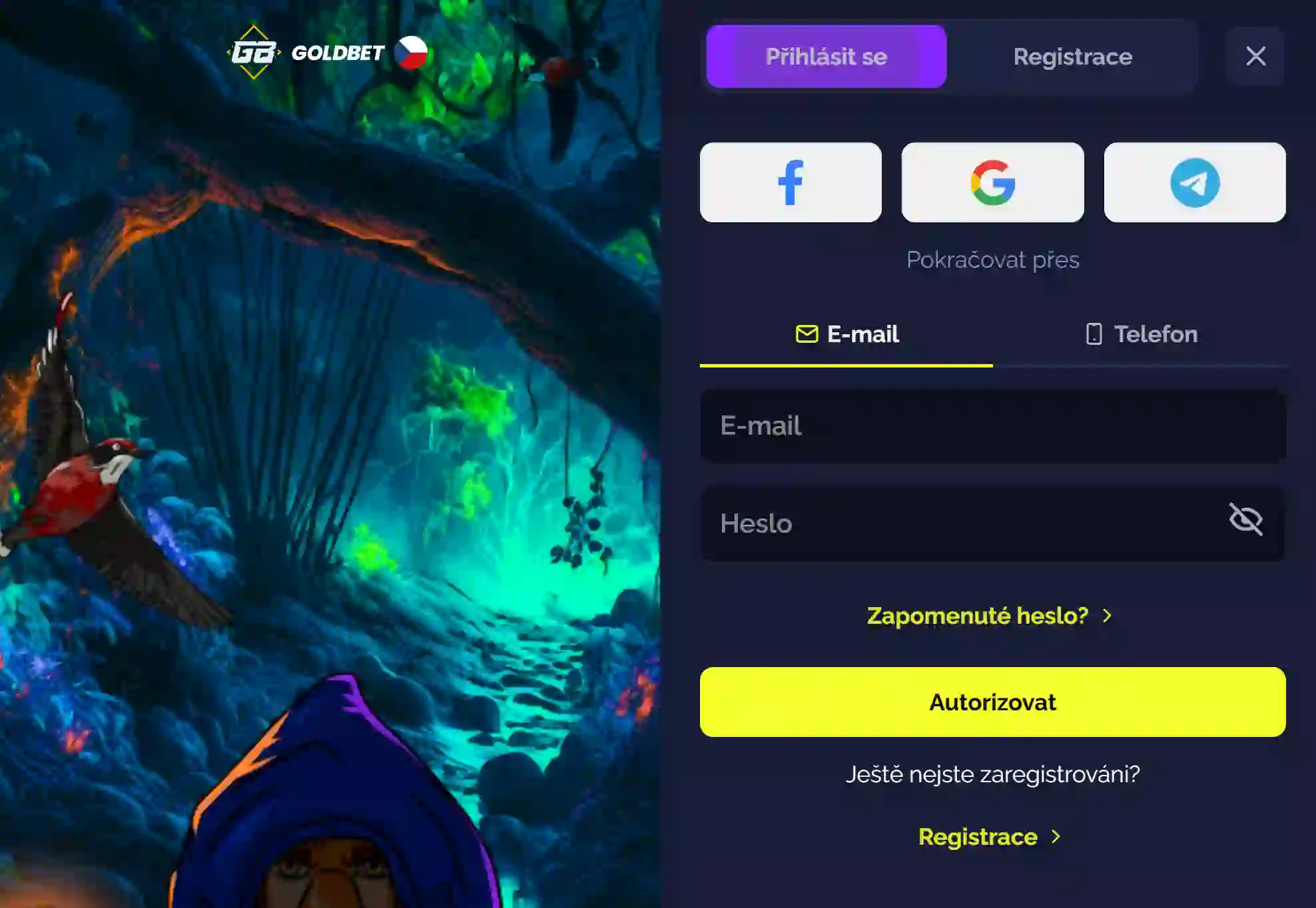 Přihlašovací formulář Goldbet Casino s poli pro e-mail a heslo
