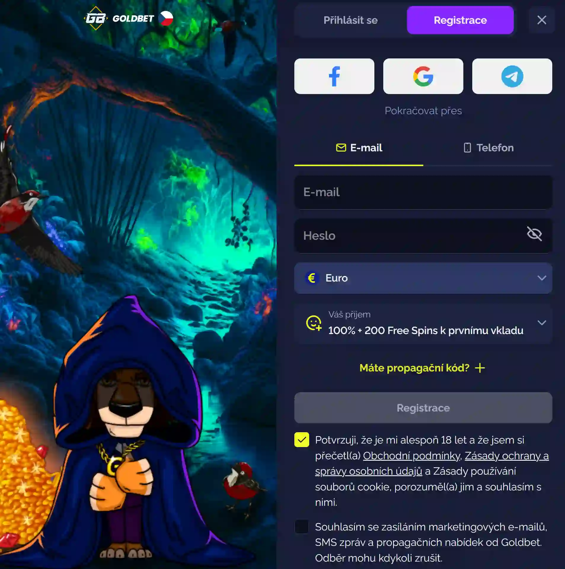 Registrační formulář Goldbet Casino s poli pro e-mail a heslo