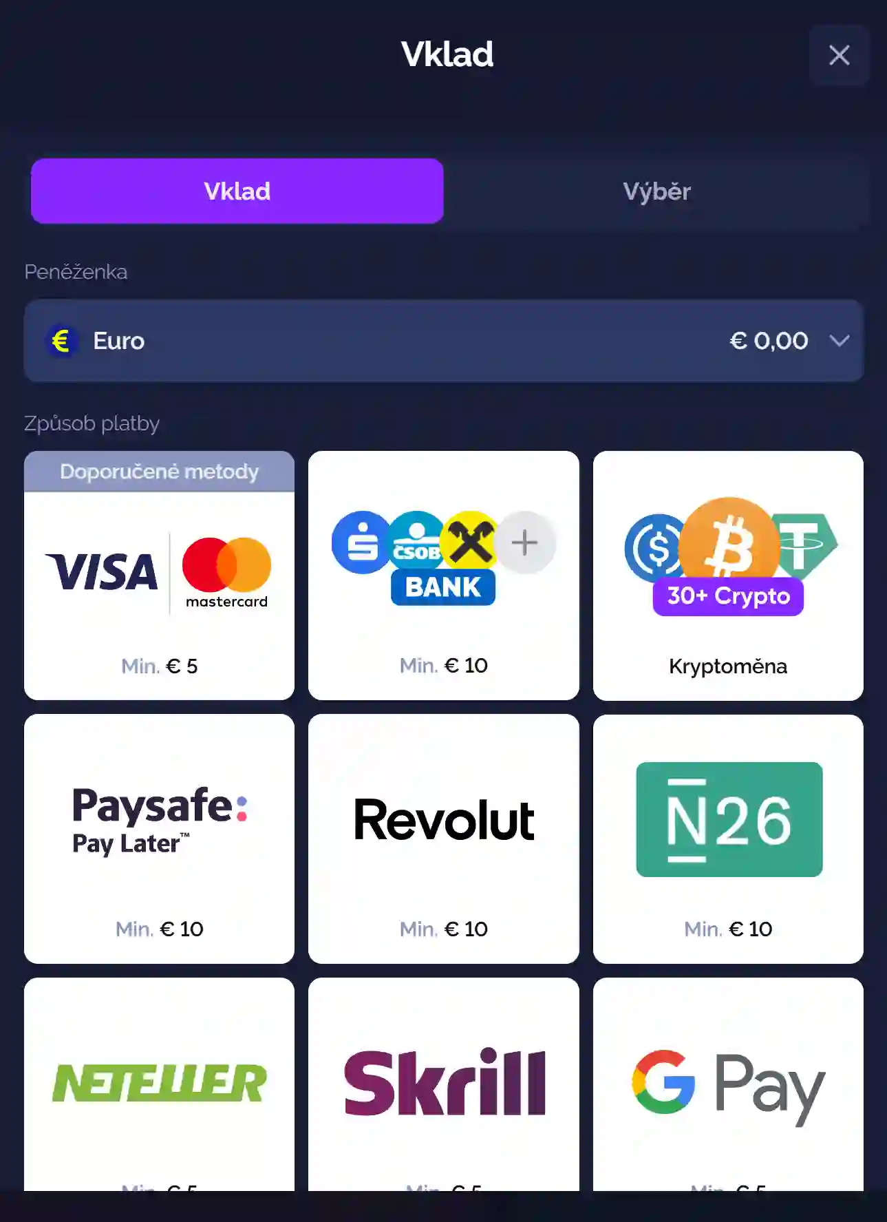 Sekce vkladů a výběrů v osobním profilu hráče